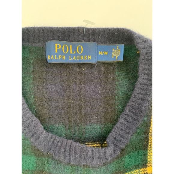 Polo Ralph Lauren Lambs Wool Leather Patch Blue Watch Tartan Sweater Size Medium - Picture 4 of 4